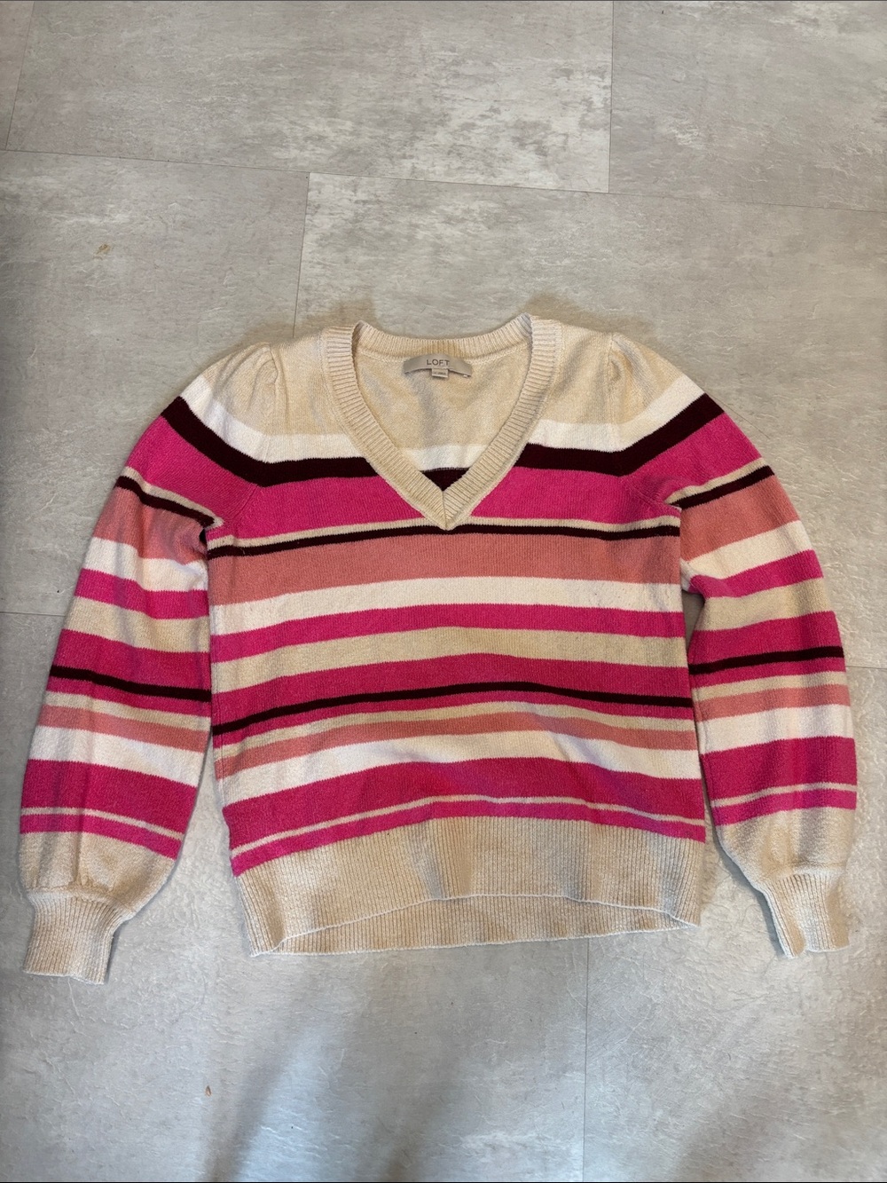 LOFT Striped V-Neck Sweater in Hot Pink, Cream and Brown